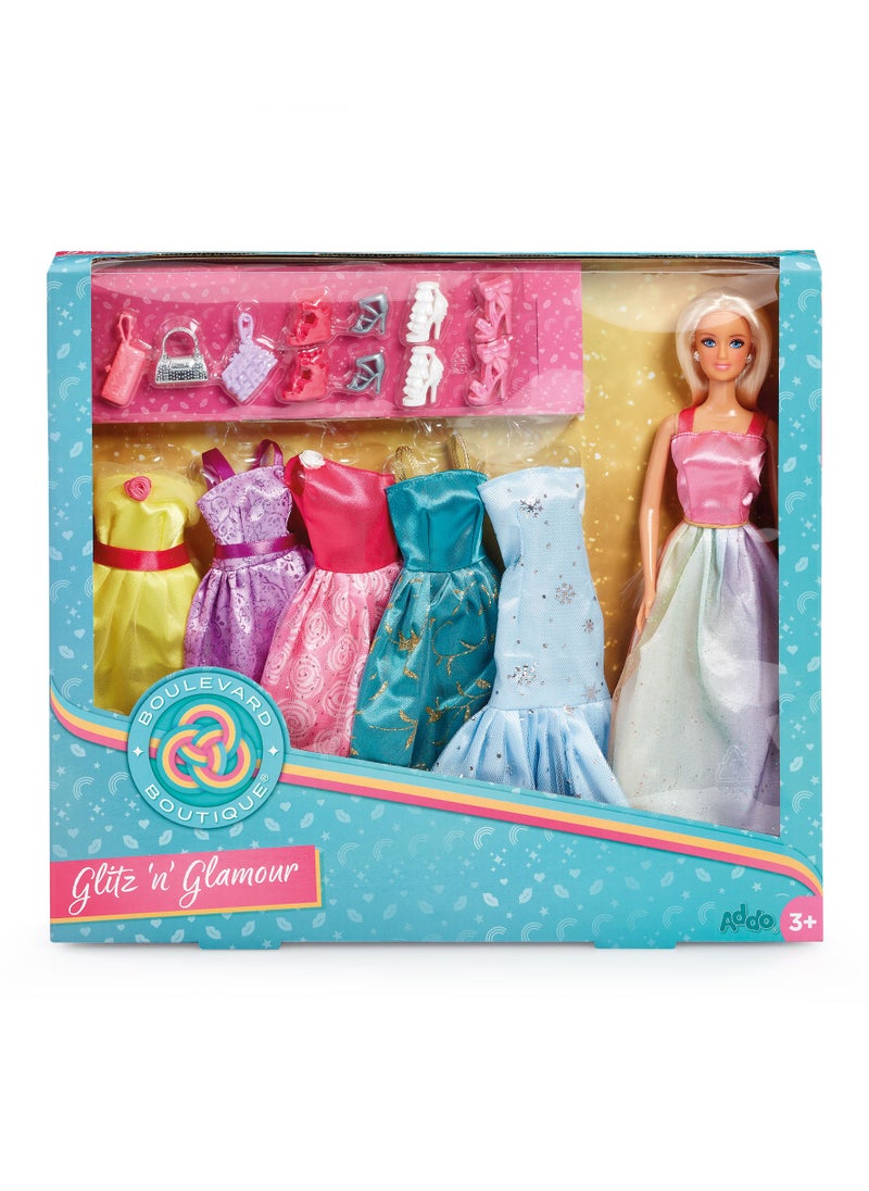 Addo Boulevard Boutique Glitz N Glamour Fashion Doll 29cm with 6 Fashion Dress and Accessories | Dress Up | Perfect Gift for Girls