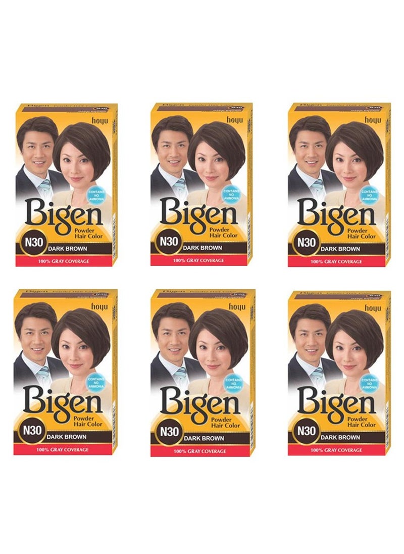 Bigen Powder Hair Color, Dark Brown N30 - Pack of 6 (Combo Set)