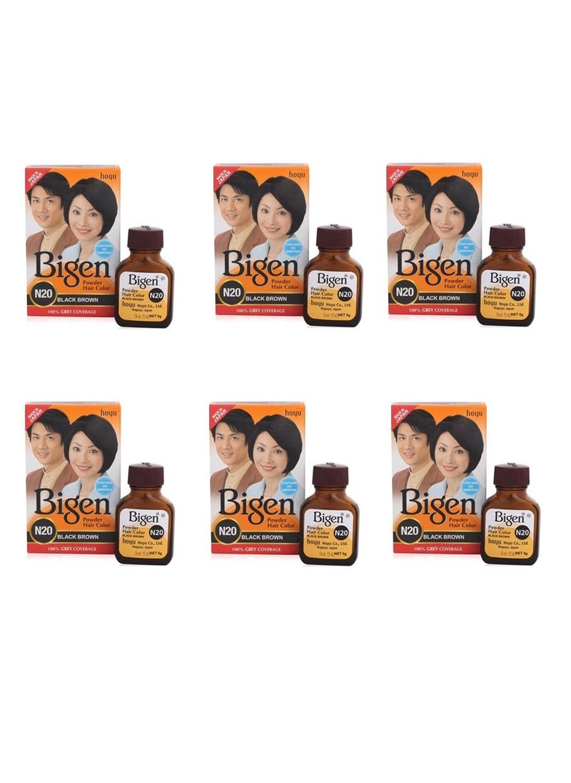 Bigen Powder Hair Color, Black Brown N20 - Pack of 6 (Combo Set)