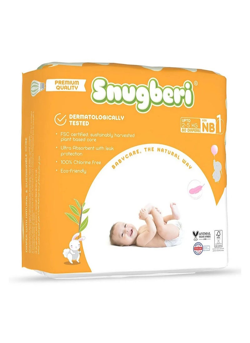 Snugberi Tape Style Diapers, Size 1 Newborn, 80 Pieces, 2-5kg - Dermatologically Tested, Chlorine Free, Ultra Absorbent with Leak Protection