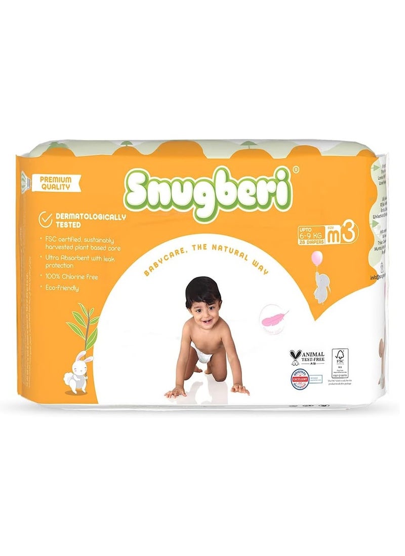 Snugberi Tape Style Diapers, Size 3 Medium, 28 Pieces Pack of 2, 6-9kg - Dermatologically Tested, Chlorine Free, Ultra Absorbent with Leak Protection