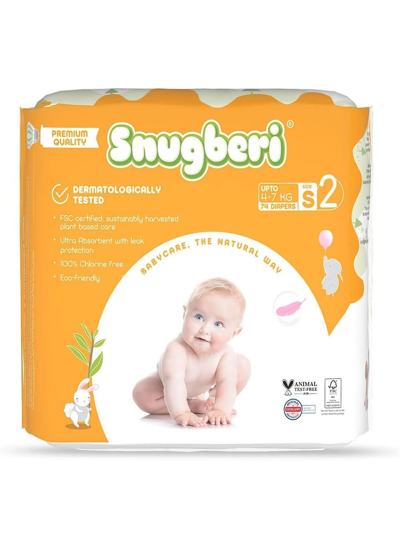 Snugberi Tape Style Diapers, Size 2 Small, 74 Pieces, 4-7kg - Dermatologically Tested, Chlorine Free, Ultra Absorbent with Leak Protection