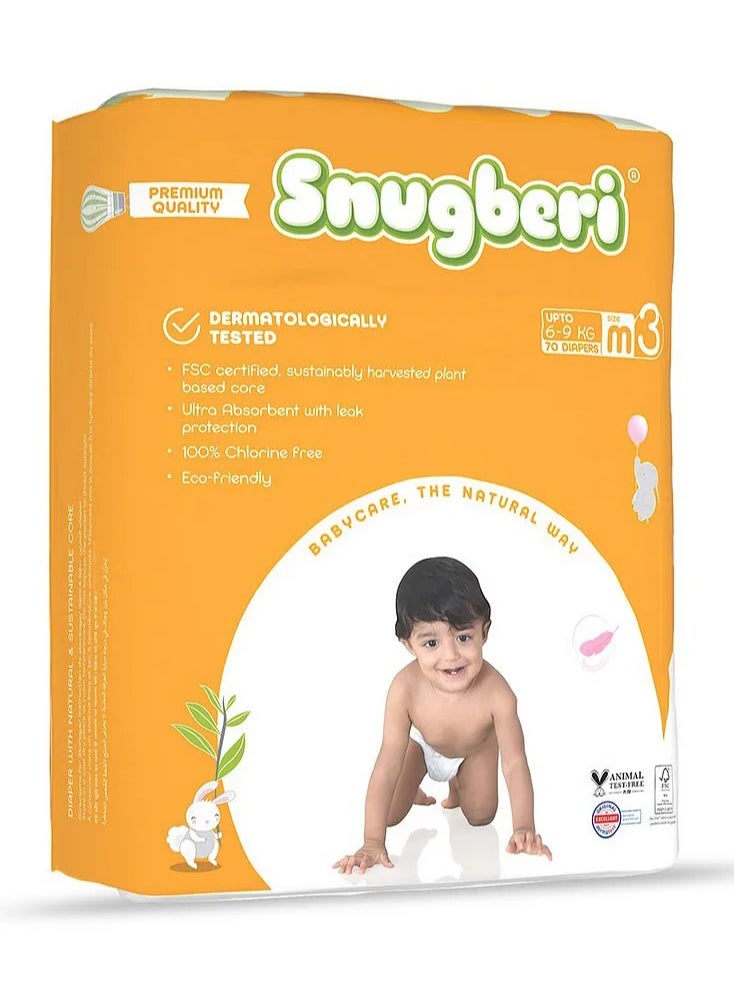 Snugberi Tape Style Diapers, Size 3 Medium, 70 Pieces, 6-9kg - Dermatologically Tested, Chlorine Free, Ultra Absorbent with Leak Protection