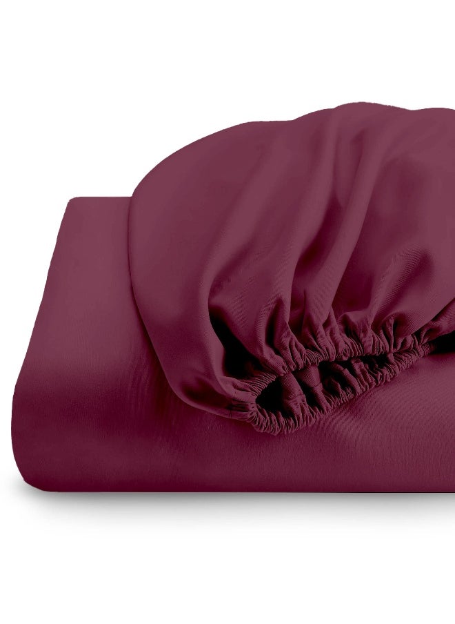 Fitted Bedsheet 180X200+30Cm Breathable Plush Burgundy Fabric With Deep Pockets Machine Washable For Optimal Protection