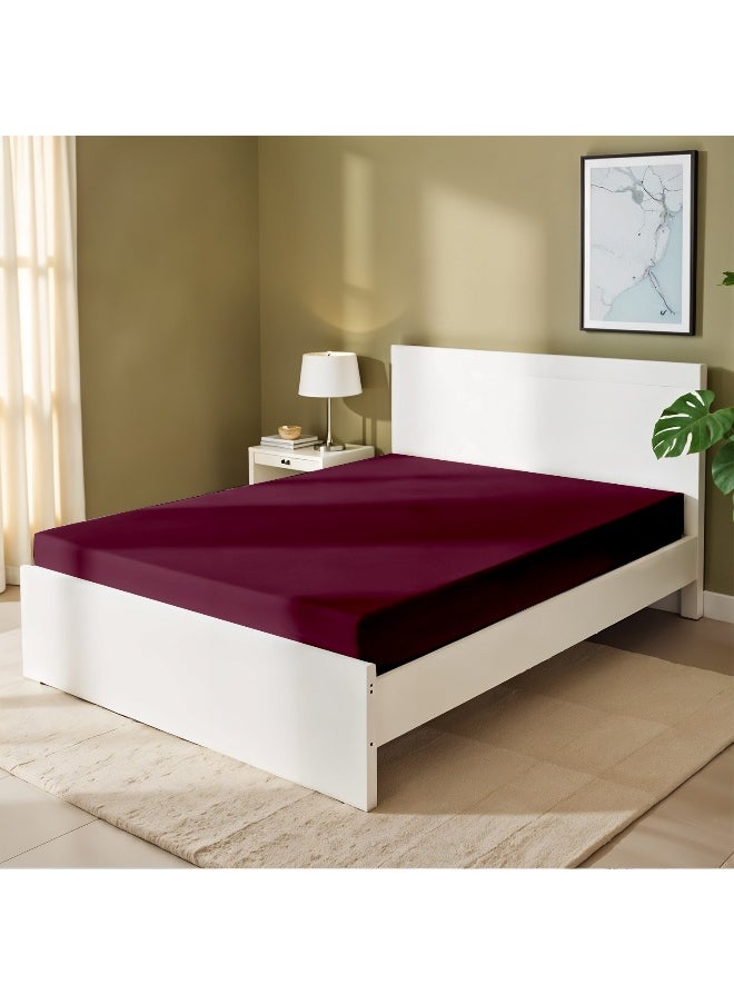 Fitted Bedsheet 180X200+30Cm Breathable Plush Burgundy Fabric With Deep Pockets Machine Washable For Optimal Protection