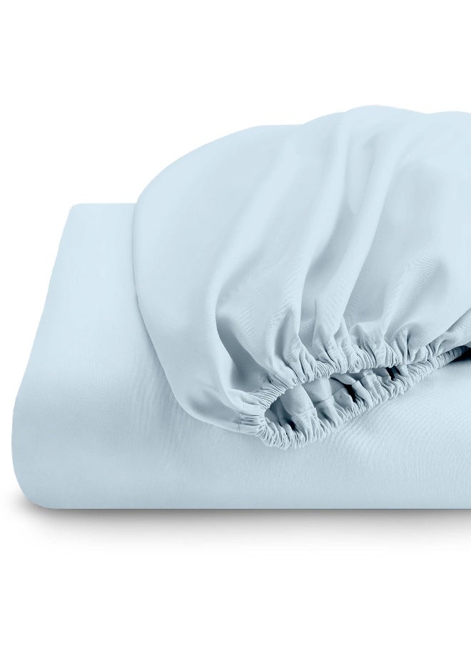 Fitted Bedsheet 180X200+30Cm Breathable Plush Sky Blue Fabric With Deep Pockets Machine Washable For Optimal Protection