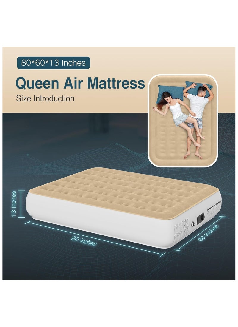 Air Mattress Queen with Built-in Pump – Inflatable Camping & Guest Mattress | Soft Flocked Top Blow-Up Bed | Durable, Foldable, and Comfortable | 80x60x18 Inches | Quick 1–3 Min Inflation