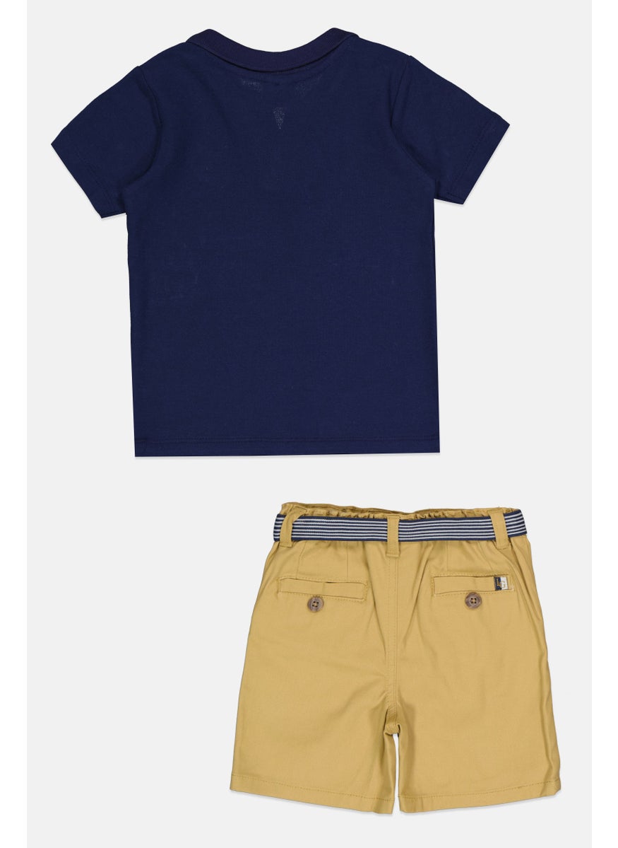 Toddlers Boy 2 pcs Embroidered Logo Polo Shirt And Belted Shorts, Navy/Tan