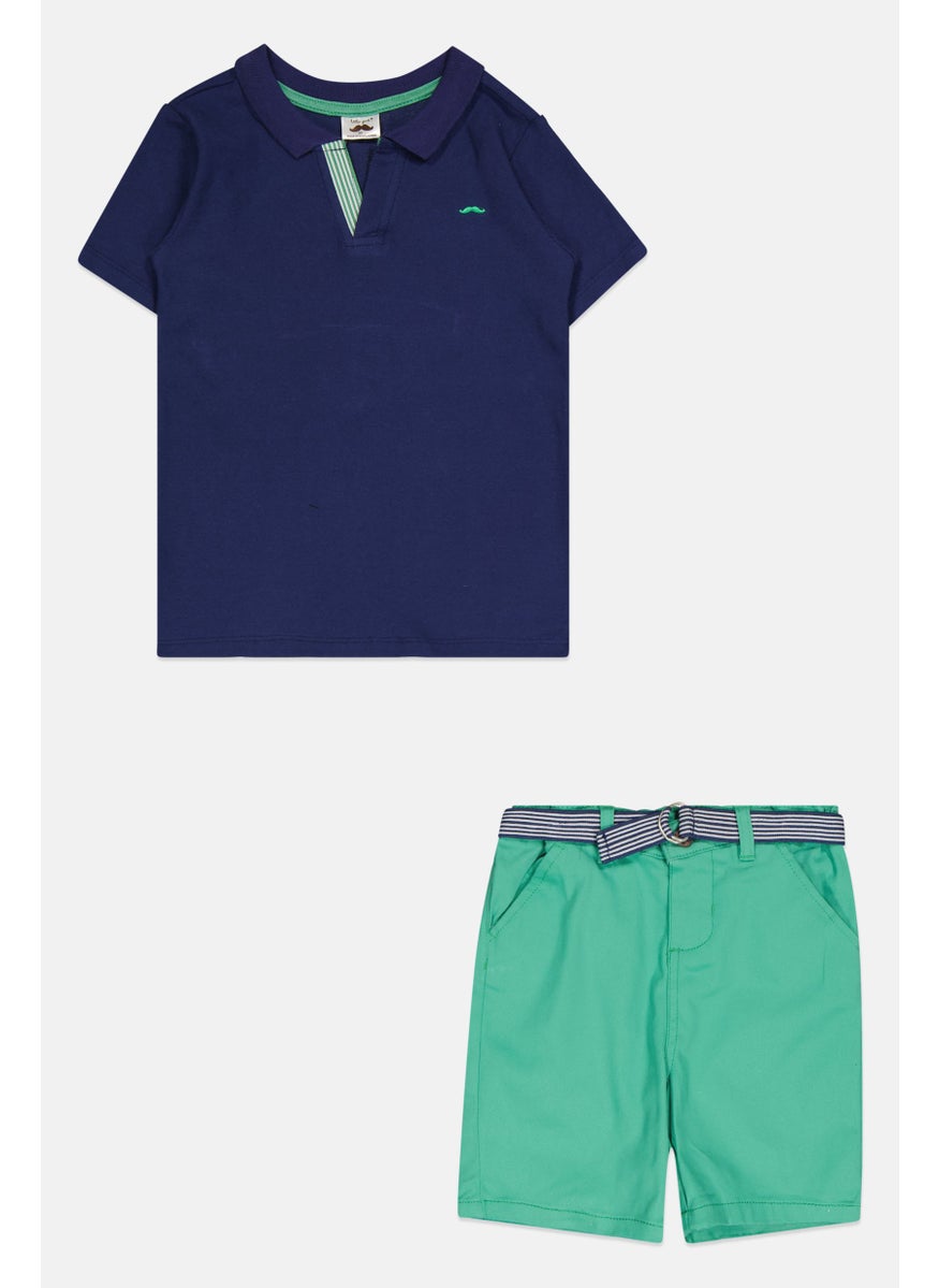 Kids Boy 2Pcs Short Polo Shirt And Short Set, Navy/Green