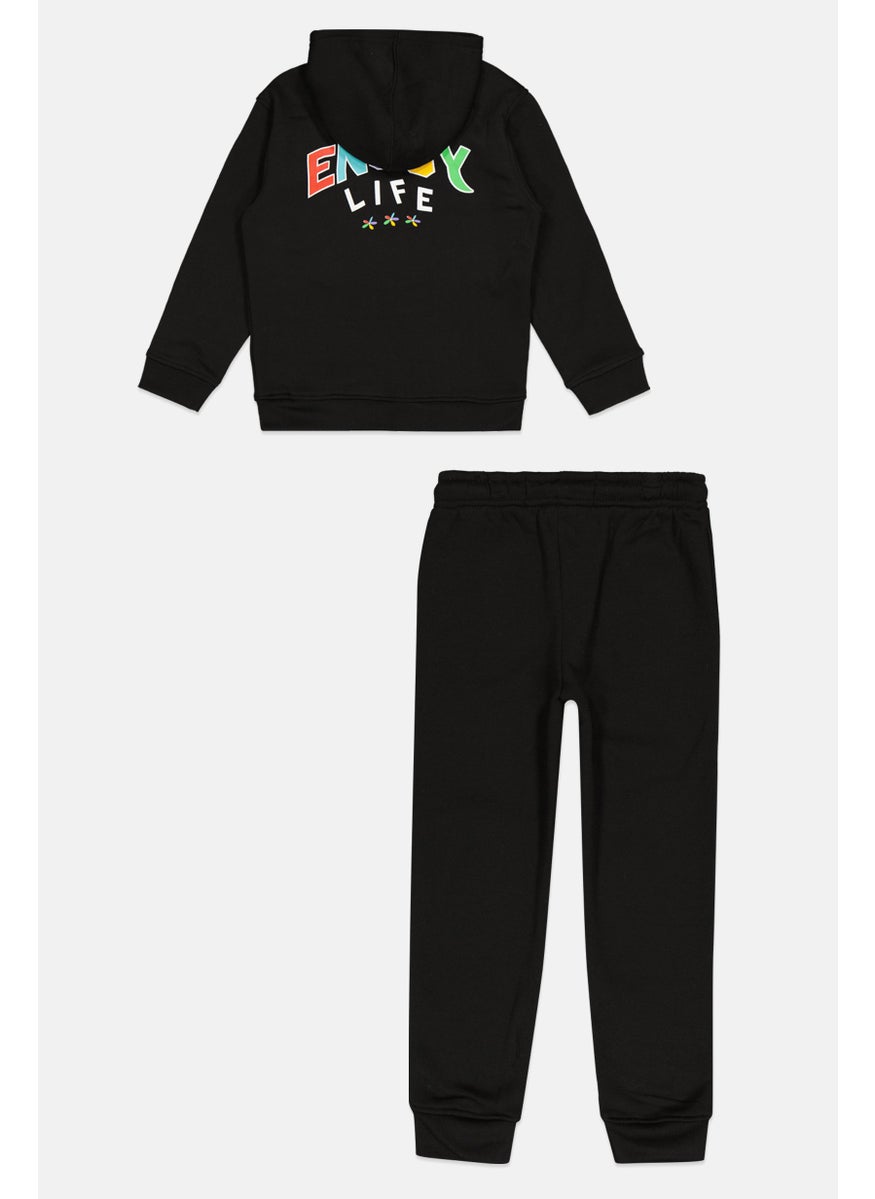 Kids Boy 2 Piece Hooded Printed Long Sleeve Sweatshirt And Pant, Black