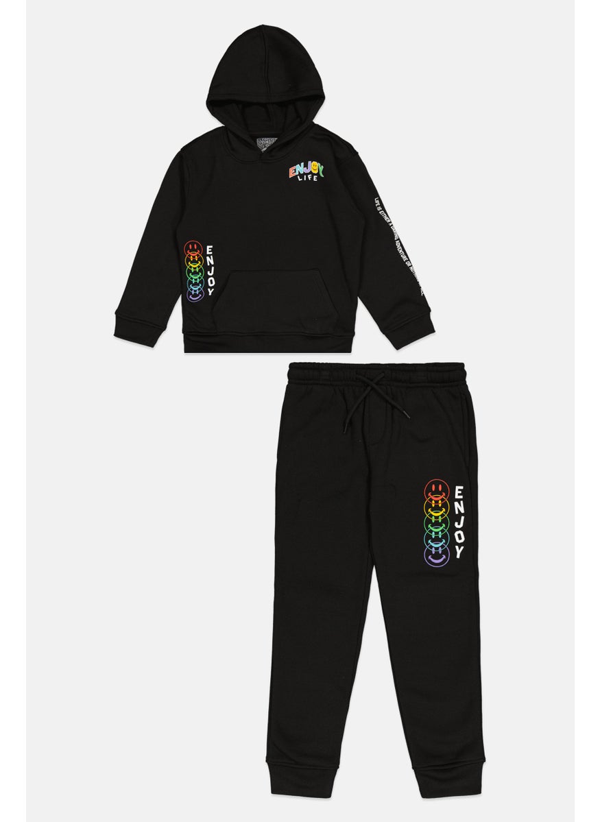 Kids Boy 2 Piece Hooded Printed Long Sleeve Sweatshirt And Pant, Black