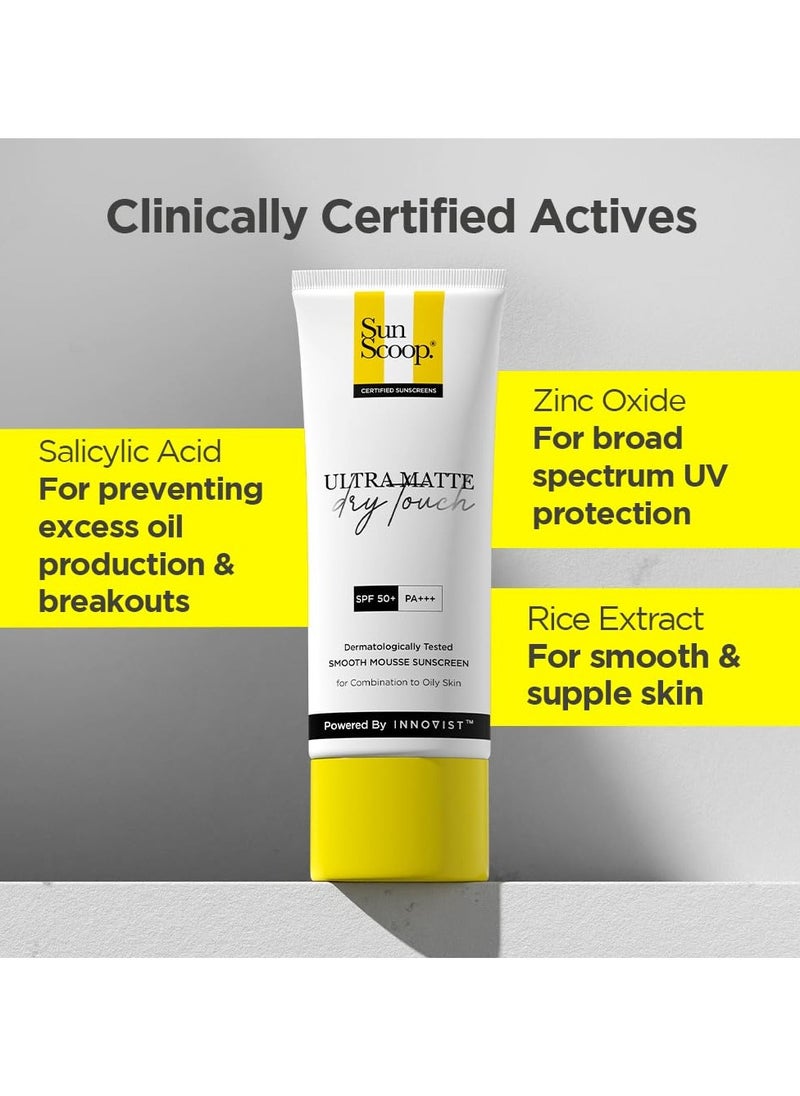 Ultra Matte Dry Touch Sunscreen SPF 50 PA+++ |Matte Finish | Zinc Oxide & 0.1%ww Salicylic Acid for Oily Acne Prone Skin | Broad Spectrum, Non Comedogenic & No White Cast|For Women & Men-45gm
