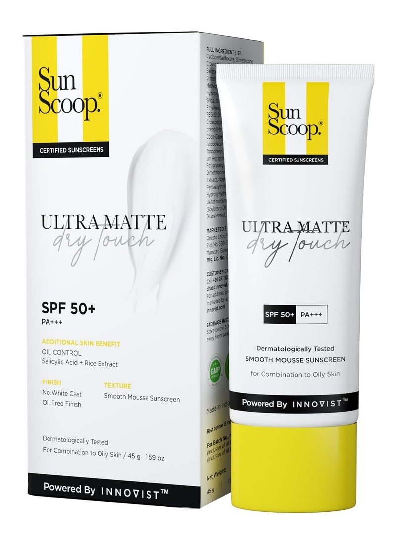 Ultra Matte Dry Touch Sunscreen SPF 50 PA+++ |Matte Finish | Zinc Oxide & 0.1%ww Salicylic Acid for Oily Acne Prone Skin | Broad Spectrum, Non Comedogenic & No White Cast|For Women & Men-45gm