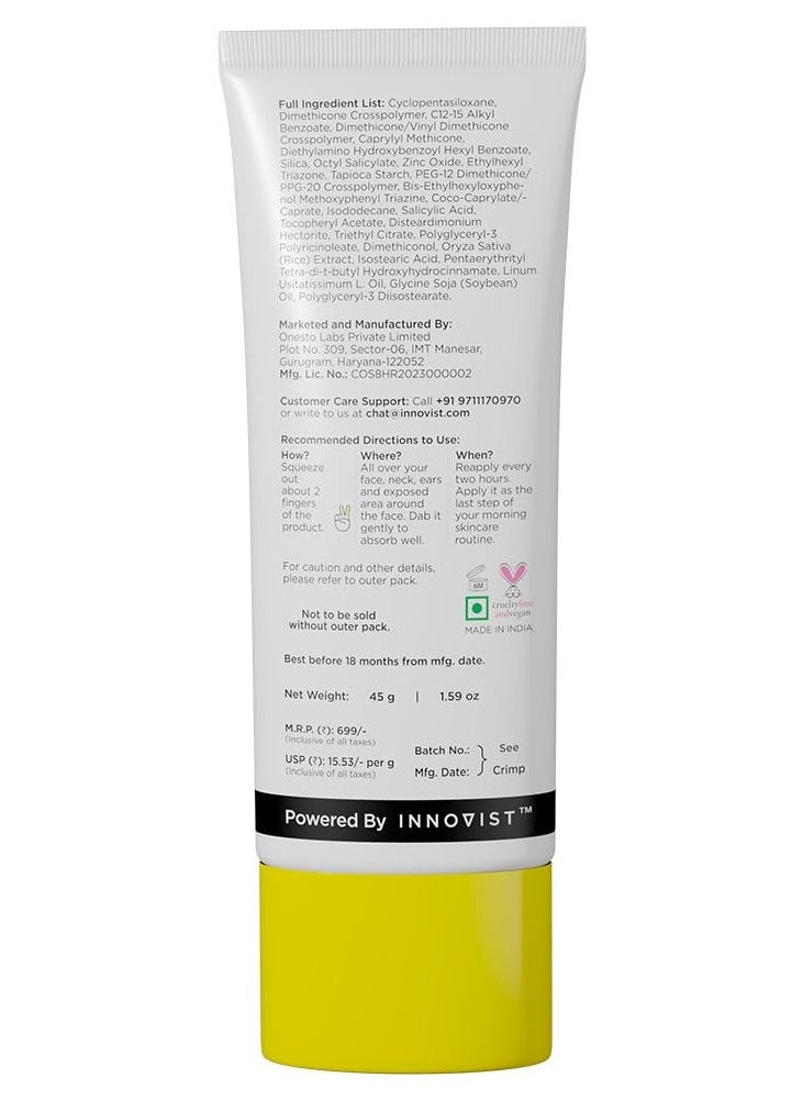 Ultra Matte Dry Touch Sunscreen SPF 50 PA+++ |Matte Finish | Zinc Oxide & 0.1%ww Salicylic Acid for Oily Acne Prone Skin | Broad Spectrum, Non Comedogenic & No White Cast|For Women & Men-45gm