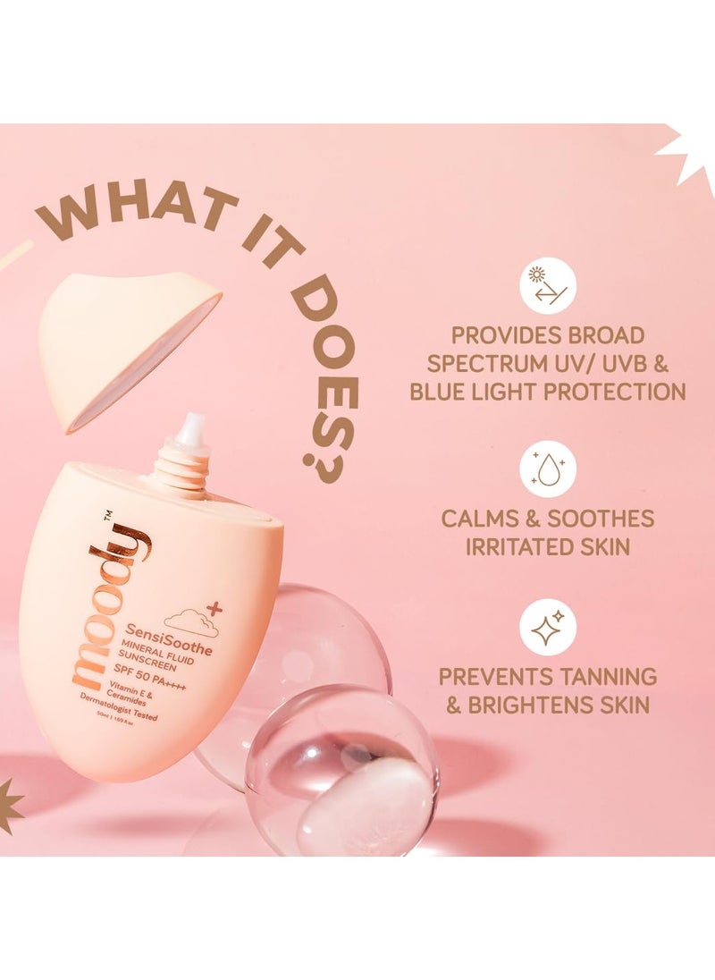 SensiSoothe Mineral Brightening Sunscreen Serum With Ceramides & Rice | SPF 50 PA++++ for All Skin Types | No White Cast, Non-Comedogenic, Dermatologist Tested - 50ML