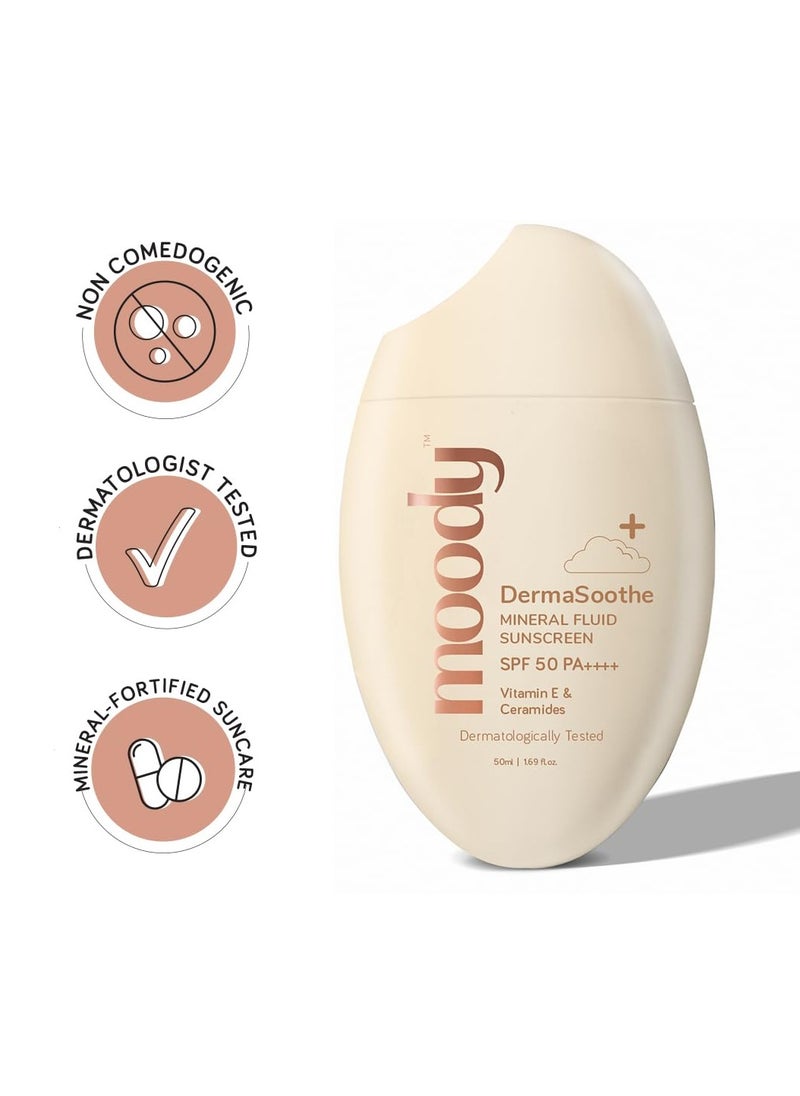 SensiSoothe Mineral Brightening Sunscreen Serum With Ceramides & Rice | SPF 50 PA++++ for All Skin Types | No White Cast, Non-Comedogenic, Dermatologist Tested - 50ML