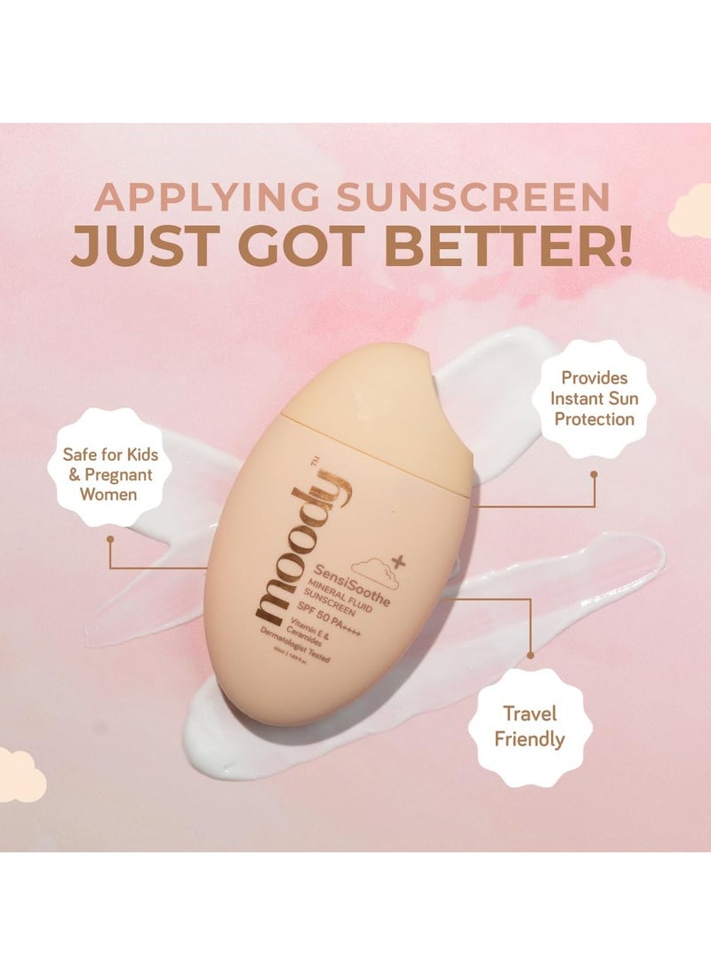 SensiSoothe Mineral Brightening Sunscreen Serum With Ceramides & Rice | SPF 50 PA++++ for All Skin Types | No White Cast, Non-Comedogenic, Dermatologist Tested - 50ML