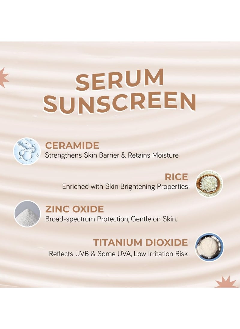 SensiSoothe Mineral Brightening Sunscreen Serum With Ceramides & Rice | SPF 50 PA++++ for All Skin Types | No White Cast, Non-Comedogenic, Dermatologist Tested - 50ML