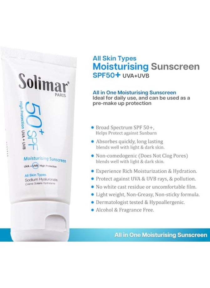 Solimar Paris Moisturising Sunscreen SPF50+ with Hyaluronic Acid – Lightweight, 50ml