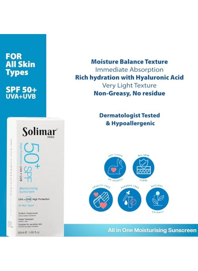 Solimar Paris Moisturising Sunscreen SPF50+ with Hyaluronic Acid – Lightweight, 50ml