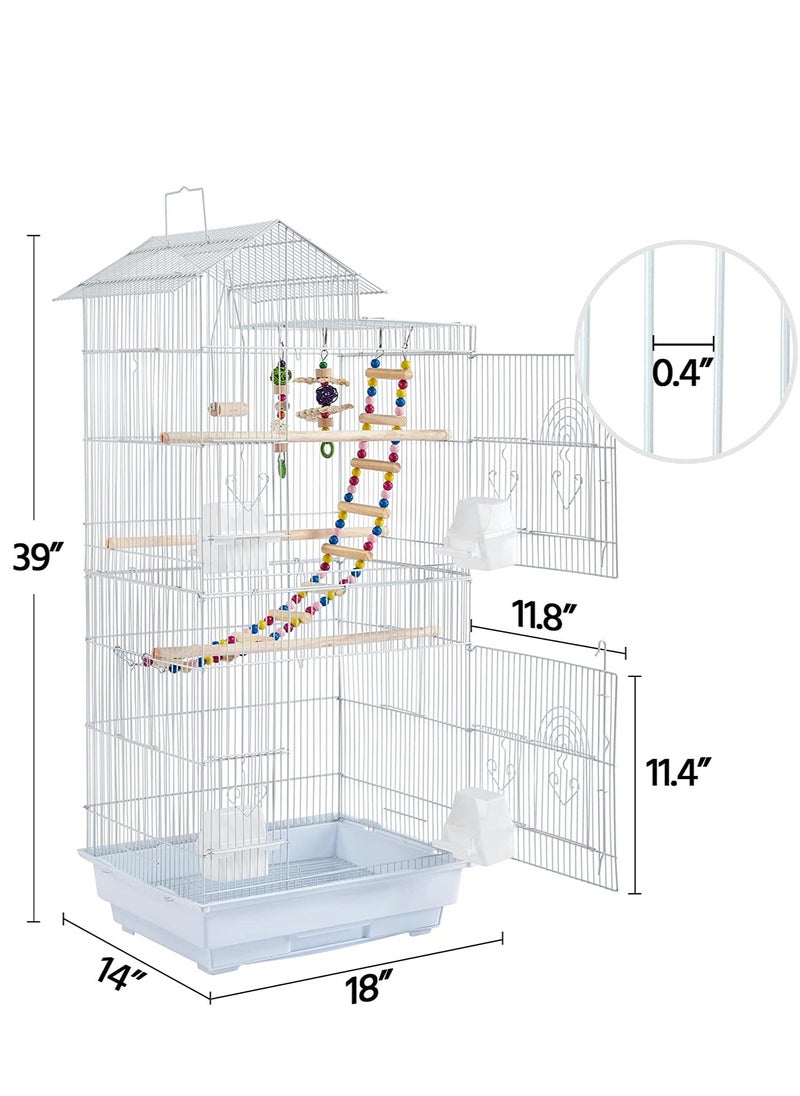 Egardenkart 39-Inch Roof-Top Large Flight Bird Cage for Small Quaker Parrots, Cockatiels, Sun Parakeets, Green Cheek Conures, Budgies, Finches, Lovebirds, and Canaries. Perfect for Pet Birds! (White)