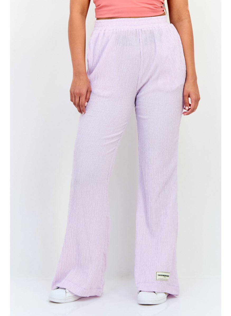 Women Regular Fit Textured Crinkle Flared Pants, Lavender