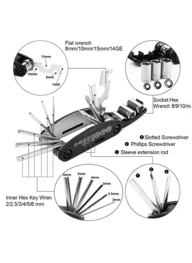 16 In 1 Multi-Functional Bicycle Repair Kit Set With Saddle Bag