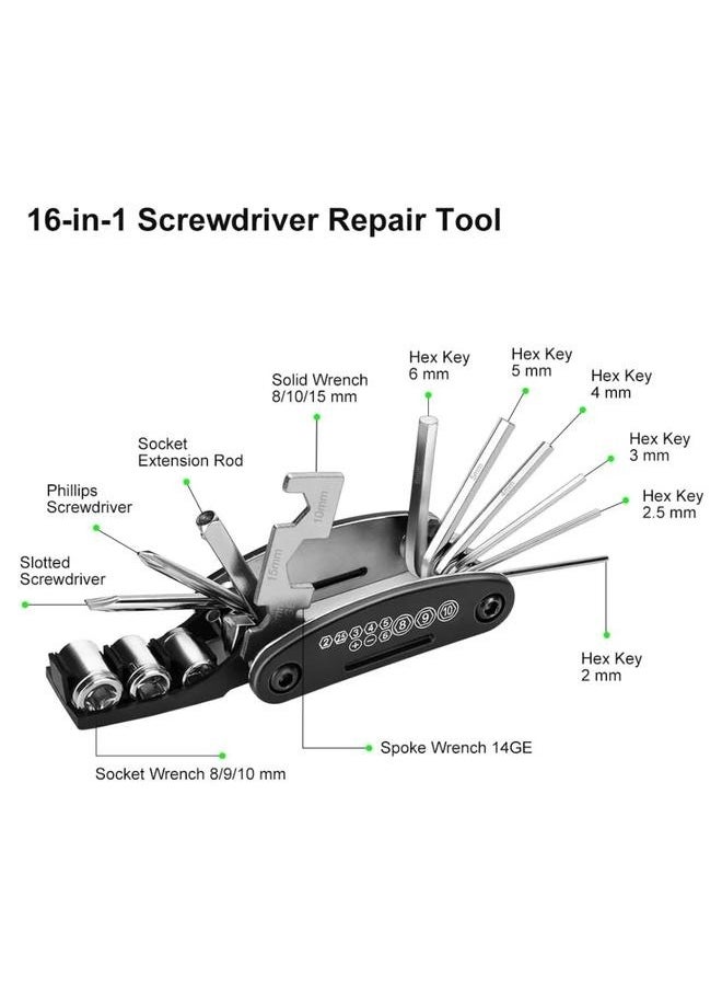 16 In 1 Multi-Functional Bicycle Repair Kit Set With Saddle Bag