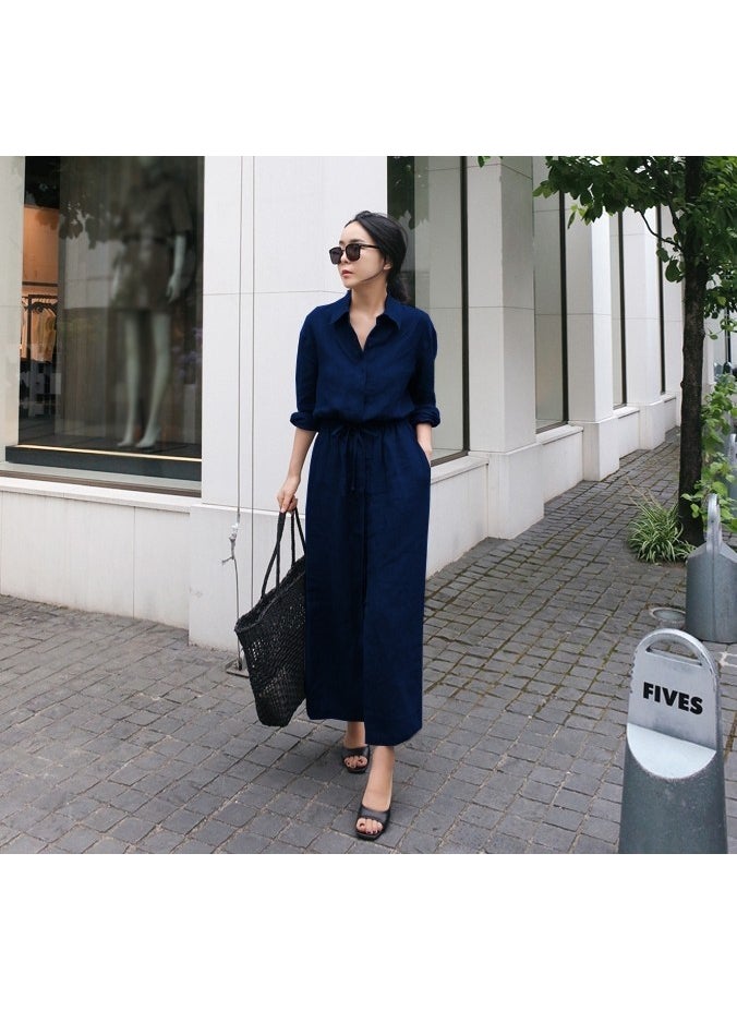 Linen Casual Comfortable Waist Tie Long Sleeve Dress