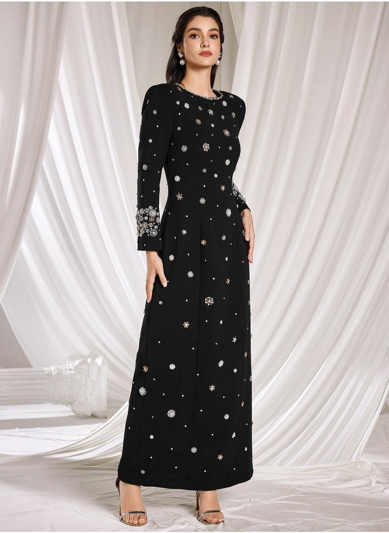 Fashionable Black Long Dress with Heavy Beading and Rhinestone Embellishments