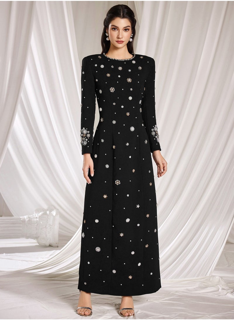 Fashionable Black Long Dress with Heavy Beading and Rhinestone Embellishments