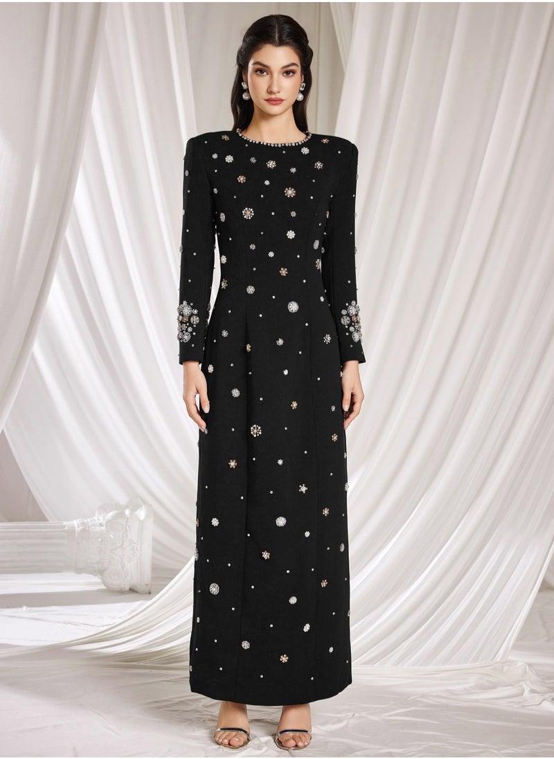 Fashionable Black Long Dress with Heavy Beading and Rhinestone Embellishments