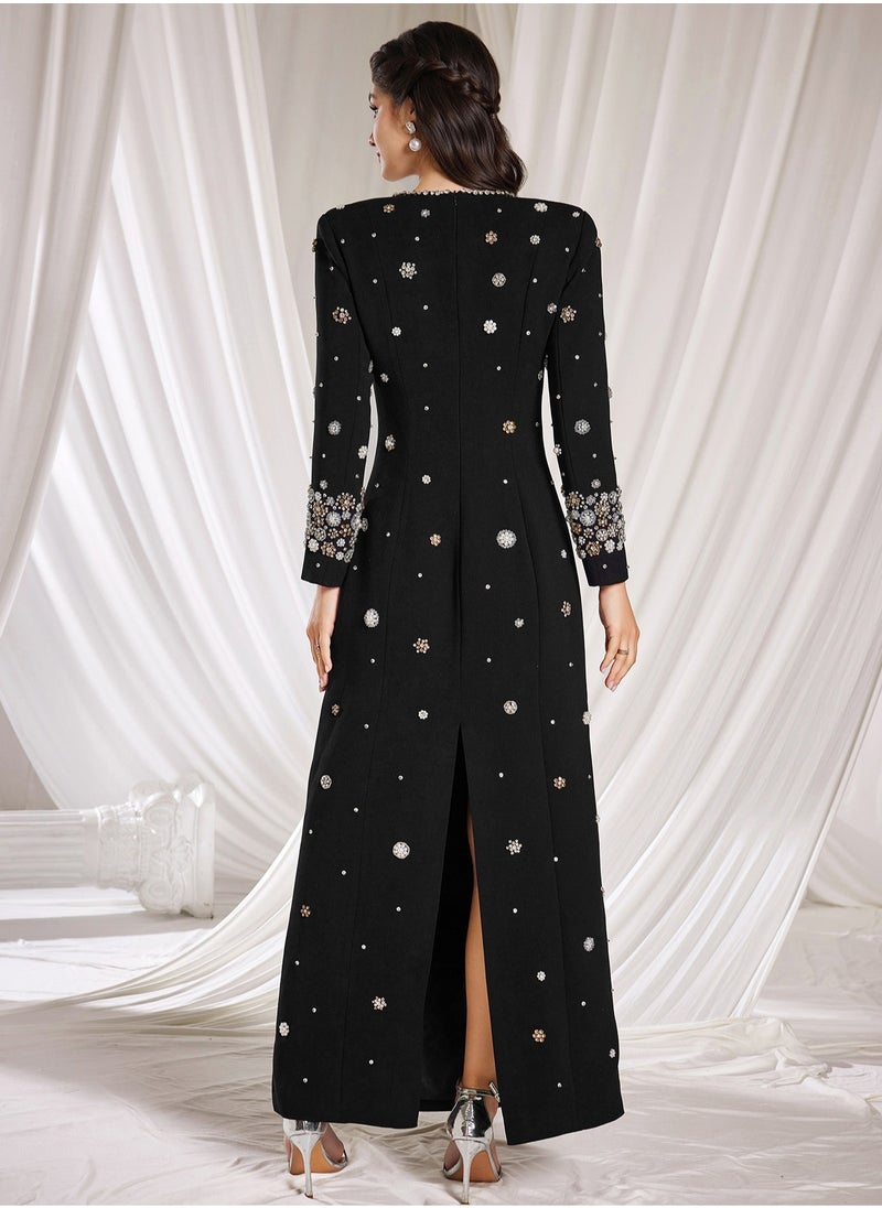 Fashionable Black Long Dress with Heavy Beading and Rhinestone Embellishments