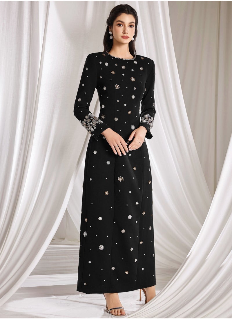 Fashionable Black Long Dress with Heavy Beading and Rhinestone Embellishments