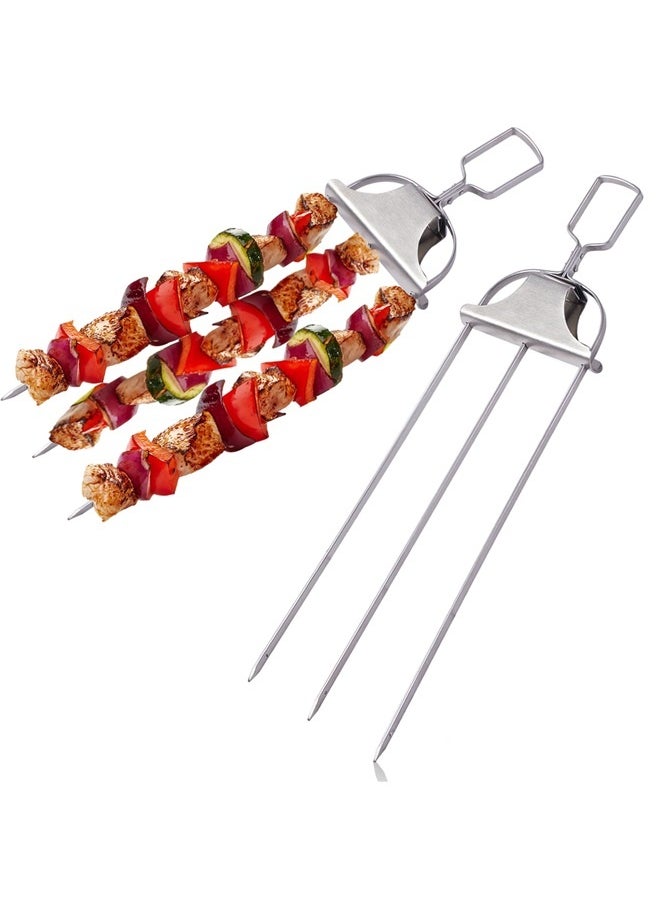 Skewers for Kabobs Set of 2, 3-Prongs Metal Kabob Skewer Stainless Steel Flat Sticks with Slider for Grilling Meat, Veggies, Sausages