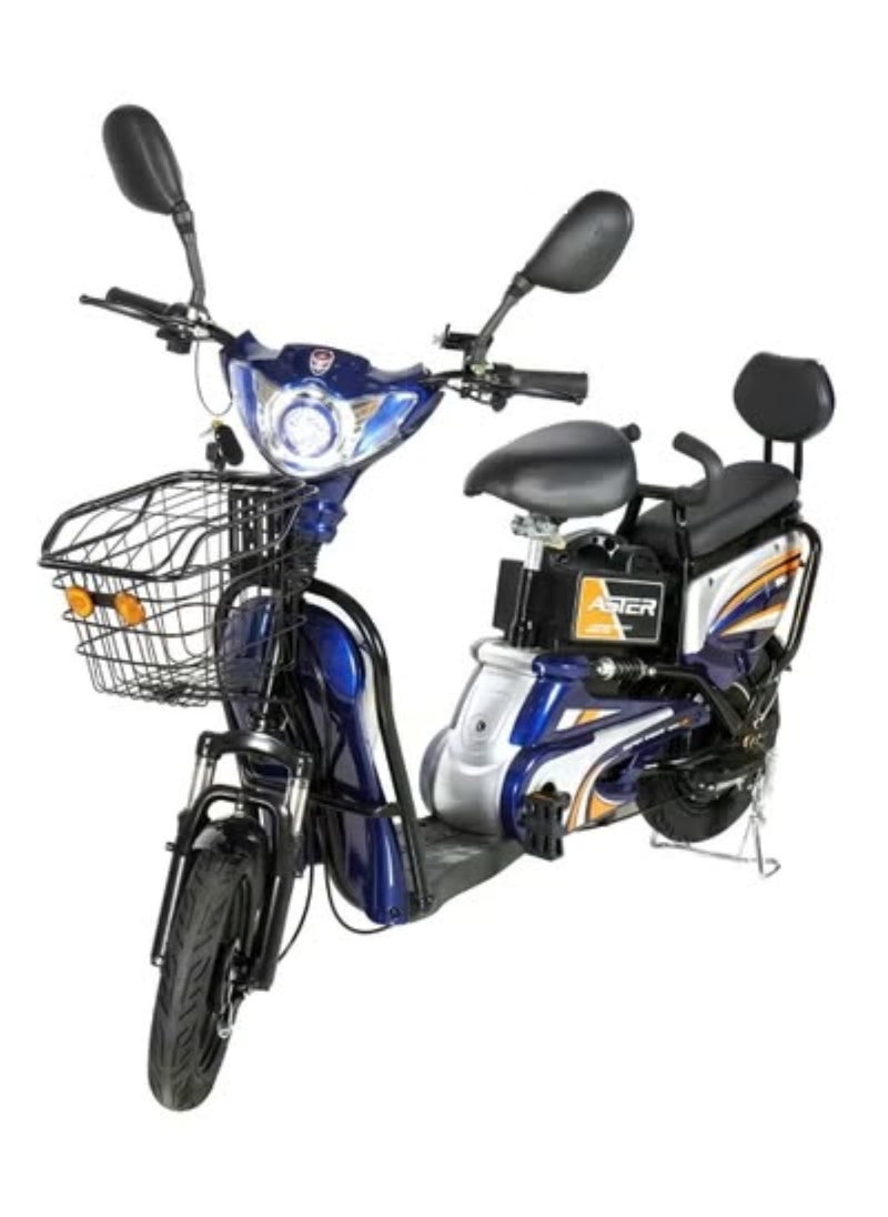Blue Electric Bike with Grocery Basket 14 Tyres, Strong Battery, Daily Urban Ride