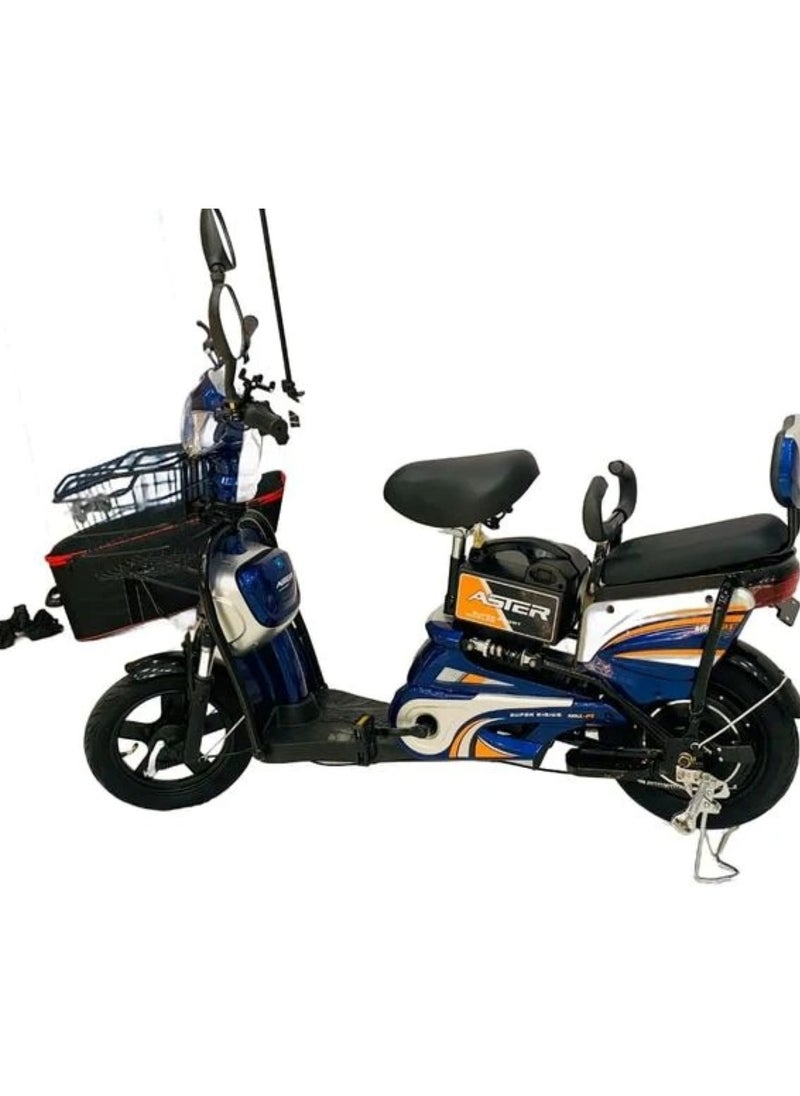 Blue Electric Bike with Grocery Basket 14 Tyres, Strong Battery, Daily Urban Ride
