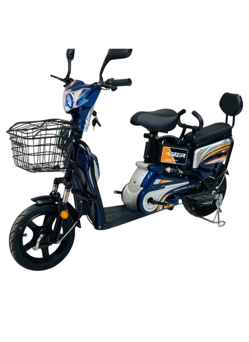 Blue Electric Bike with Grocery Basket 14 Tyres, Strong Battery, Daily Urban Ride