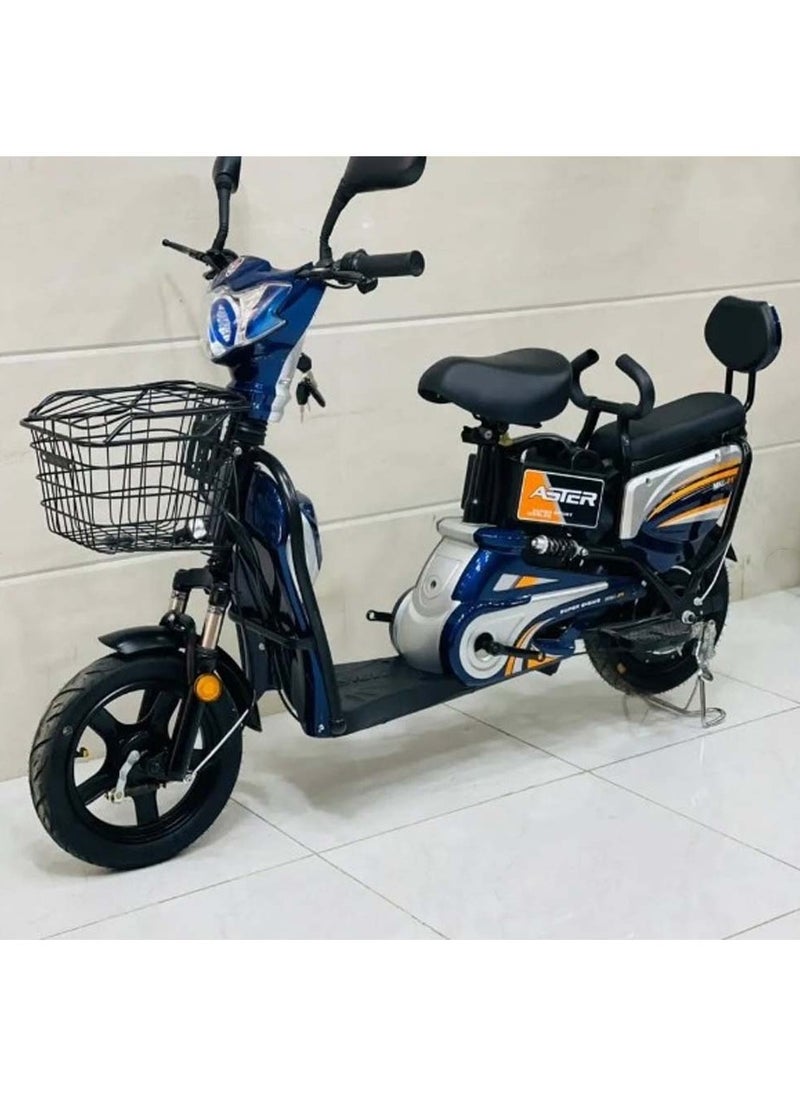 Blue Electric Bike with Grocery Basket 14 Tyres, Strong Battery, Daily Urban Ride