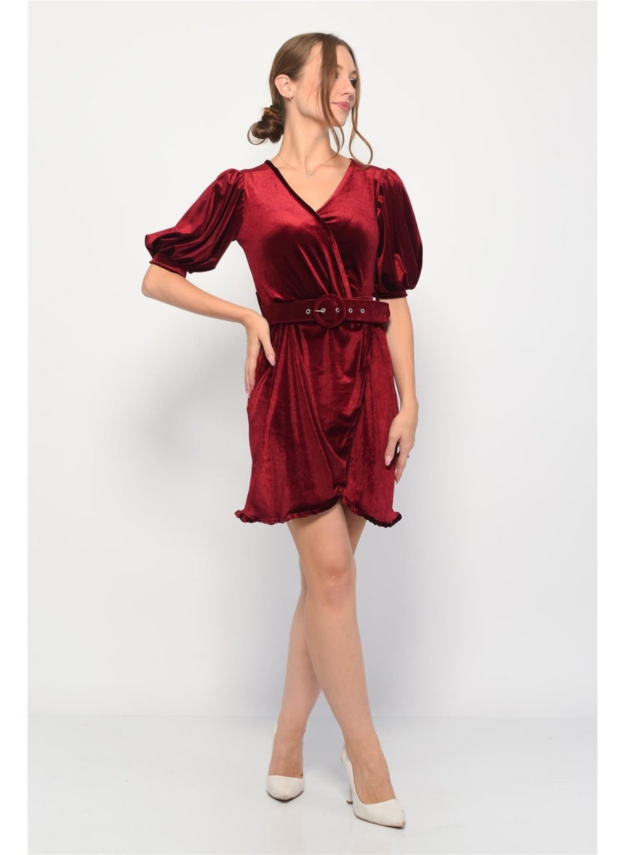 Velvet Double Breasted Collar Short Balloon Sleeve Mini Dress Burgundy