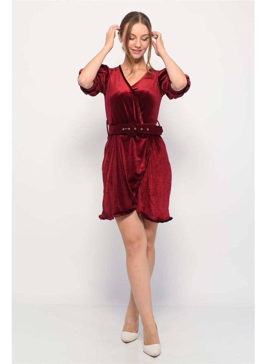 Velvet Double Breasted Collar Short Balloon Sleeve Mini Dress Burgundy