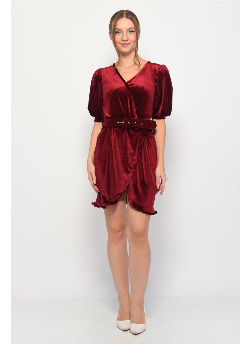 Velvet Double Breasted Collar Short Balloon Sleeve Mini Dress Burgundy