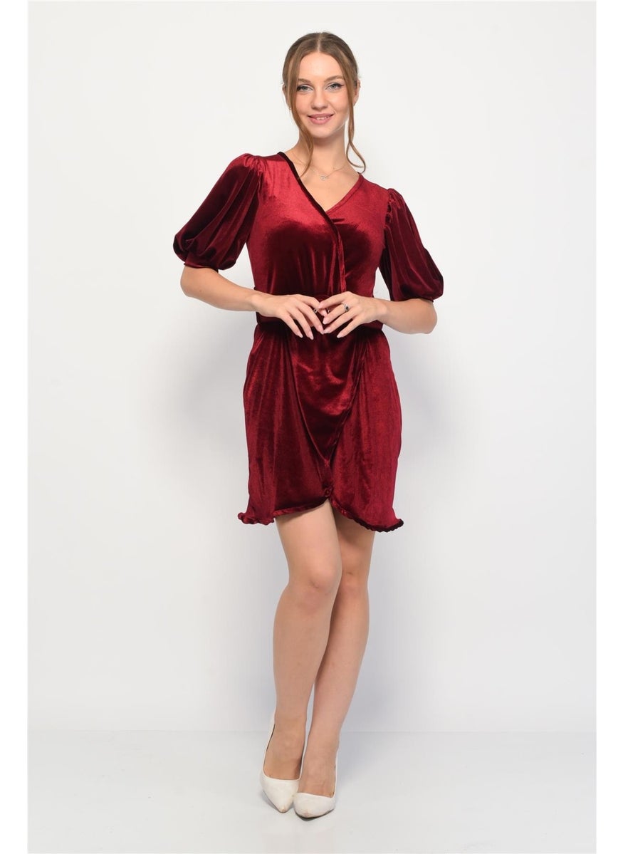 Velvet Double Breasted Collar Short Balloon Sleeve Mini Dress Burgundy