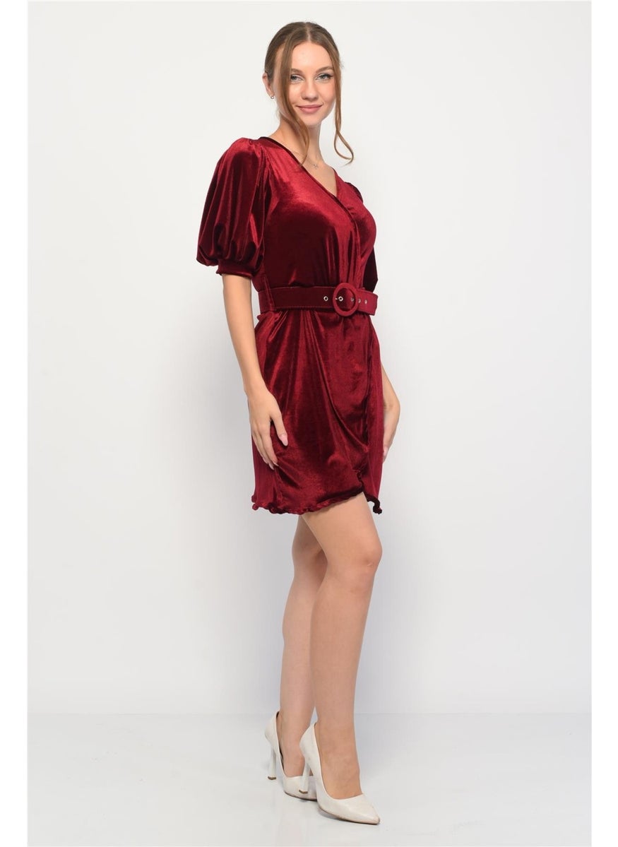 Velvet Double Breasted Collar Short Balloon Sleeve Mini Dress Burgundy