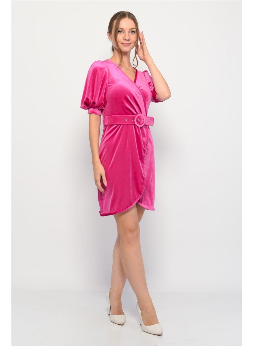 Velvet Double Breasted Collar Short Balloon Sleeve Mini Dress Pink