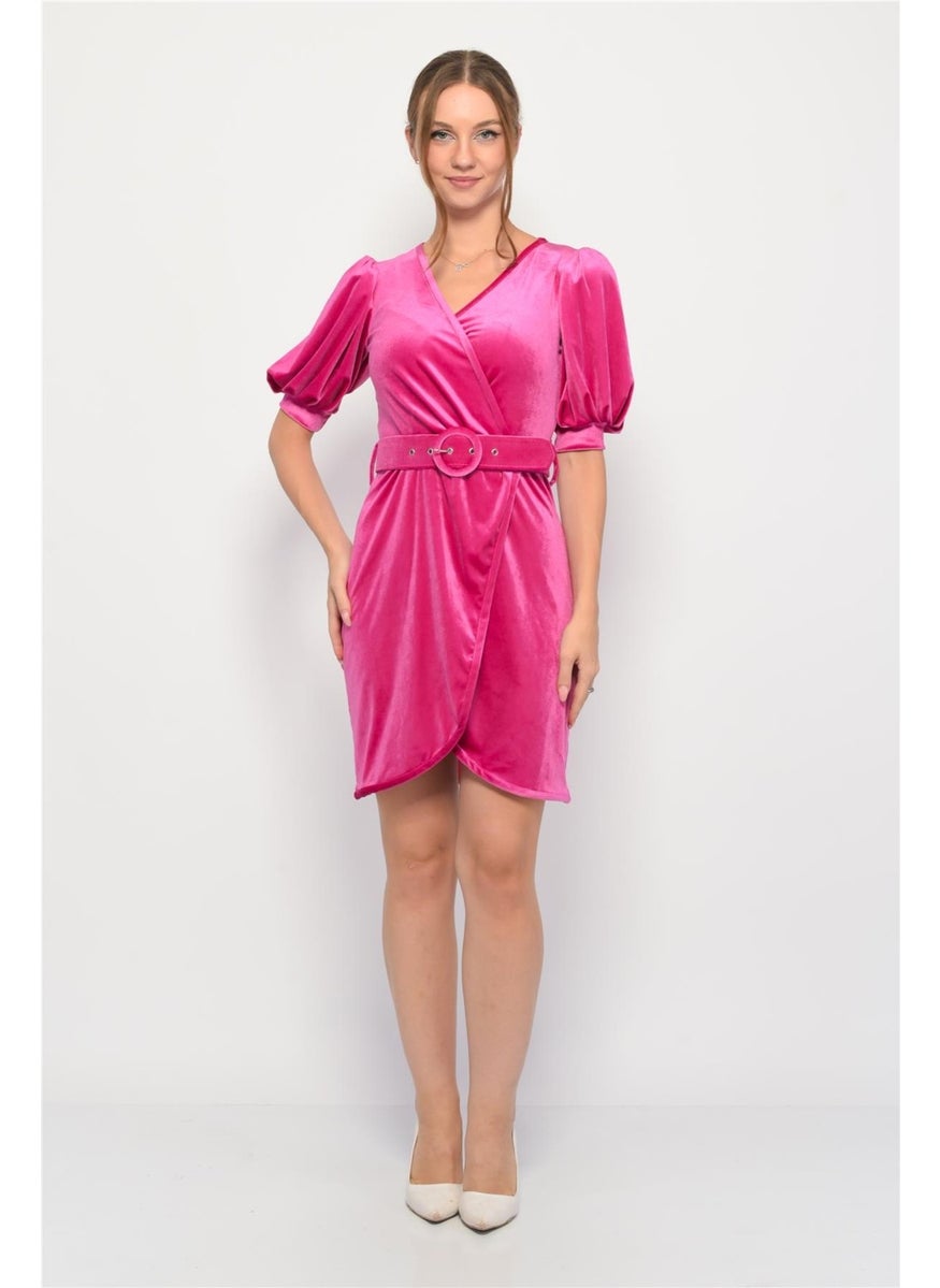 Velvet Double Breasted Collar Short Balloon Sleeve Mini Dress Pink