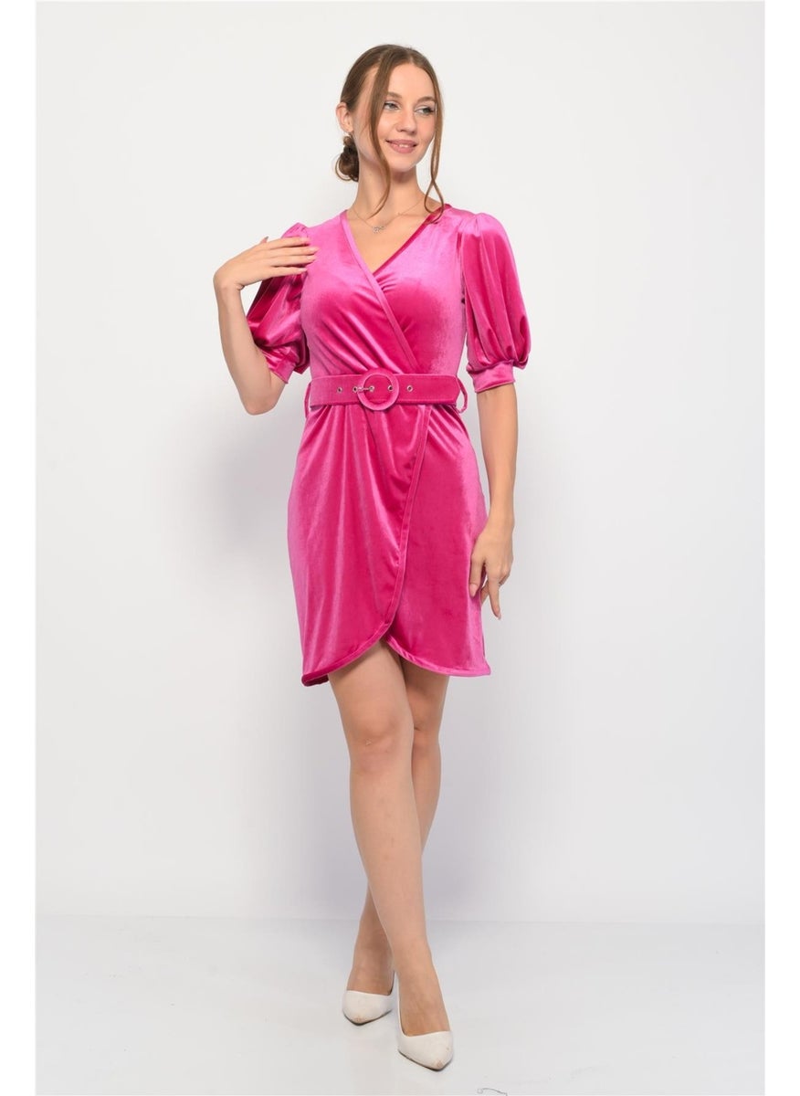 Velvet Double Breasted Collar Short Balloon Sleeve Mini Dress Pink
