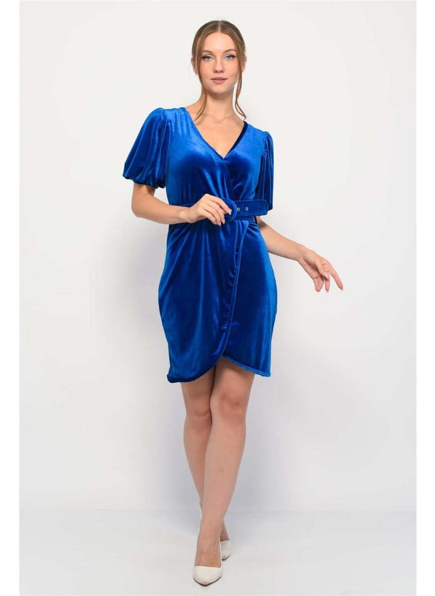 Velvet Double Breasted Collar Short Balloon Sleeve Mini Dress in Saxe