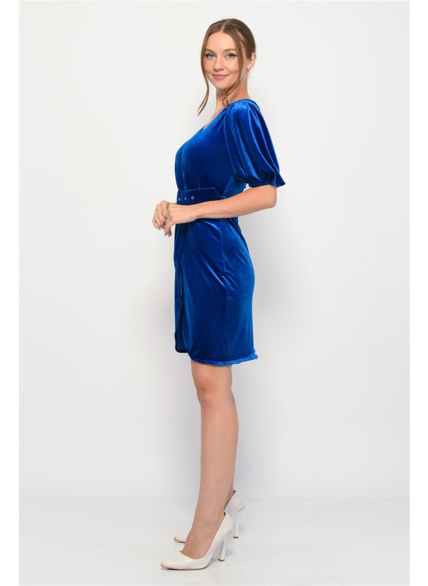 Velvet Double Breasted Collar Short Balloon Sleeve Mini Dress in Saxe