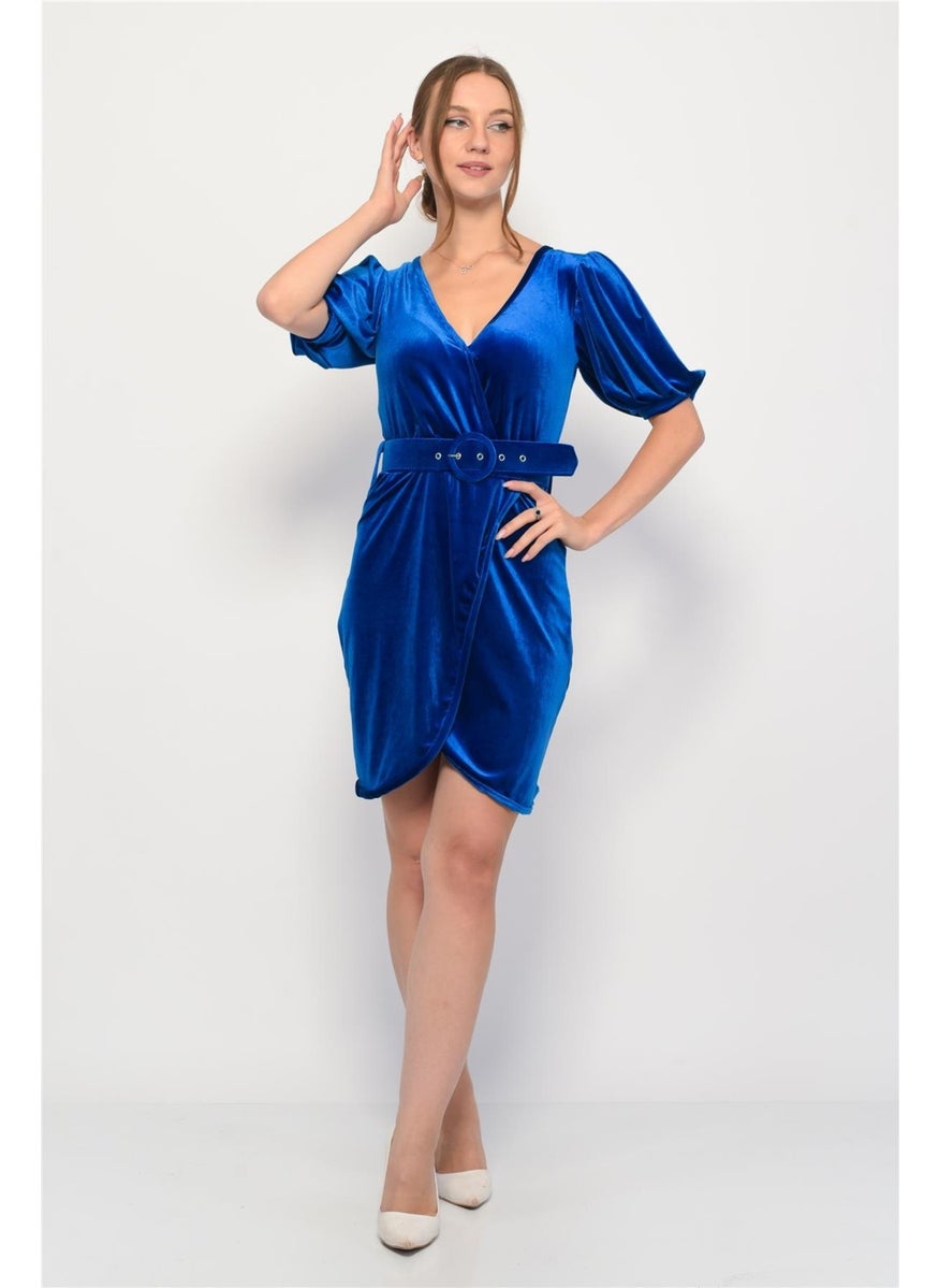Velvet Double Breasted Collar Short Balloon Sleeve Mini Dress in Saxe